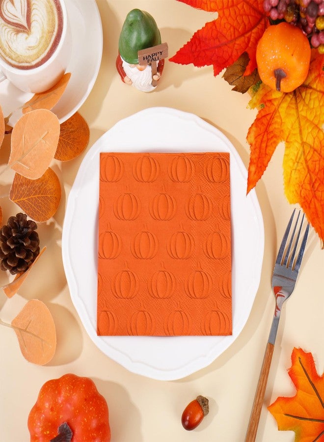 Whaline 100Pcs Thanksgiving Fall Cocktail Napkins 3D Embossed Pumpkin Disposable Napkins Orange Pumpkin Paper Beverage Napkin for Autumn Harvest Party Tableware Decor - Image 3